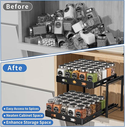 Pull Out Spice Rack Organizer for Cabinet, 2 Tier Cabinet Spice Rack Organizer, Height Adjustable Vertical Spice Rack for Kitchen Cabinet (11.9''Wx10.8''Dx9.2''H, Metal Black)