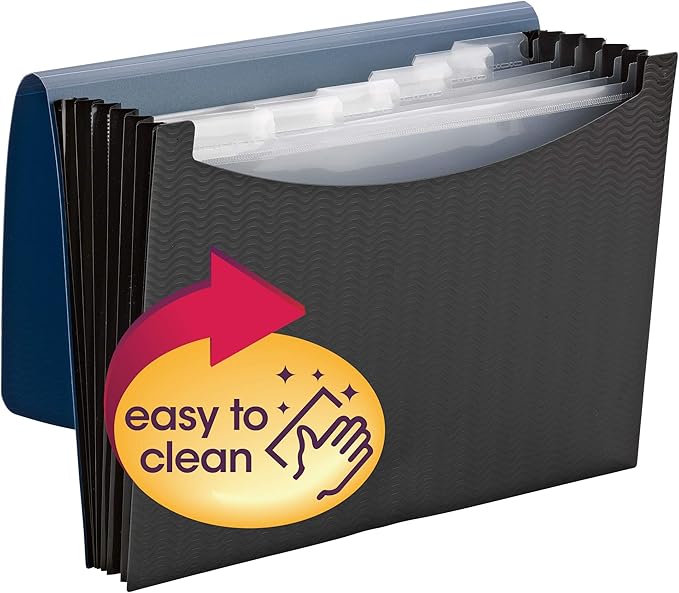 Smead Poly Frequency Expanding File Folders, Flap and Cord Closure, Letter Size, Wave Pattern, 7 Pocket, Blue/Black (70872)