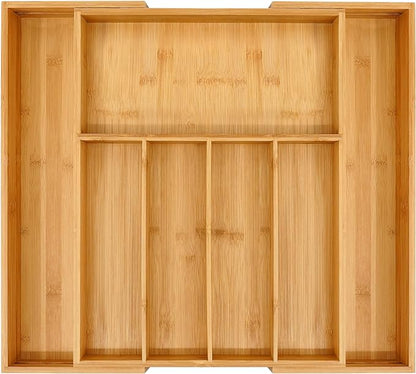 VaeFae Premium Bamboo Drawer Organizer, Expandable Silverware Drawer Organizer, Cutlery Tray with Dividers for Kitchen Utensils (Natural, Large)