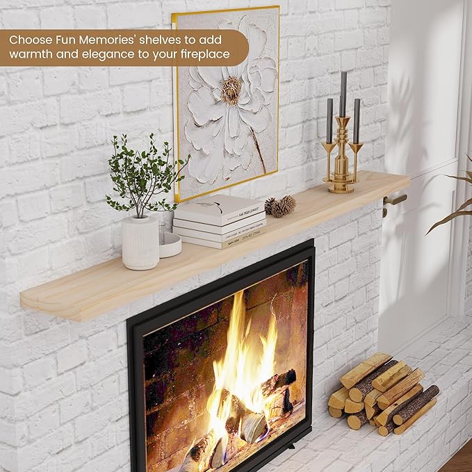 Fun Memories Floating Shelves 72 Inches Long - 8 Inch Deep Rustic Solid Wood for Storage - Farmhouse Wall Mounted for Living Room - Heavy-Duty Metal Bracket - 72" W x 8" D - Natural Unfinished for DIY