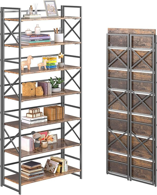 4NM 7 Tiers No Assembly Book Shelves, 72.4" H Folding Bookshelf Bookcase Open Industrial Foldable Shelves for Bedroom, Living Room, Home Office - Rustic Brown Black