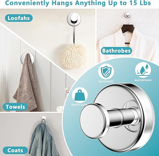 Suction Cup Hooks for Shower,Removable No Drill Towel Hooks,Upgraded 15 lbs Strong Suction hooks for Bathroom Tile,Shower Wall,Glass Door,Kitchen-Loofah,Coat,Stainless Waterproof-Chrome 4 Pcs