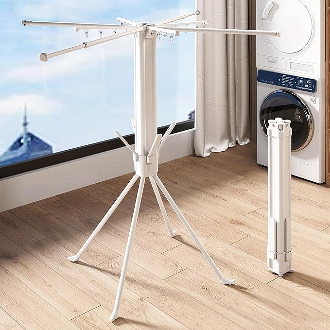 Four-Legged Clothes Drying Rack, Foldable & Collapsible Laundry Drying Rack, Drying Rack Clothing with Sock Clips & 4 Shoe Holders, Space-Saving Rack for Indoor and Outdoor Use