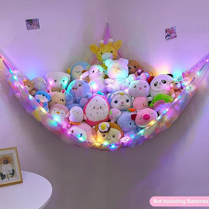 Unicorn Castle Stuffed Animals Net or Hammock Kids Toy Storage Organizer with LED Light Hanging Corner Stuffed Animals Holder Kids Girls Room Decor,Pink-Purple-Yellow,Large (Pack of 1)