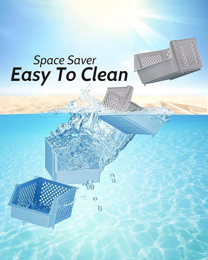 TidyFriend Stackable Storage Bins for Pantry, 4 Pack Stackable Bins For Organizing Food, Kitchen, and Bathroom Essentials (Light Grey)