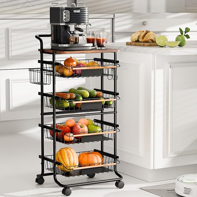 5-Tier Kitchen Organizer and Storage Cart, with Pull-Out Baskets and Wood Top, Rolling Pantry Kitchen Cart, for Fruit Potato Onion Vegetable Snack Produce, Black