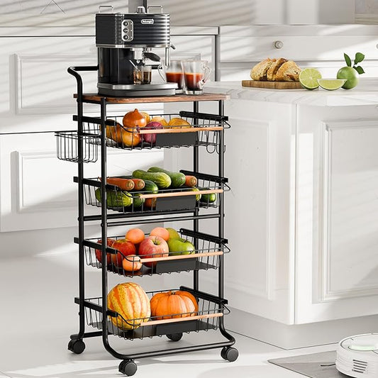 5-Tier Kitchen Organizer and Storage Cart, with Pull-Out Baskets and Wood Top, Rolling Pantry Kitchen Cart, for Fruit Potato Onion Vegetable Snack Produce, Black
