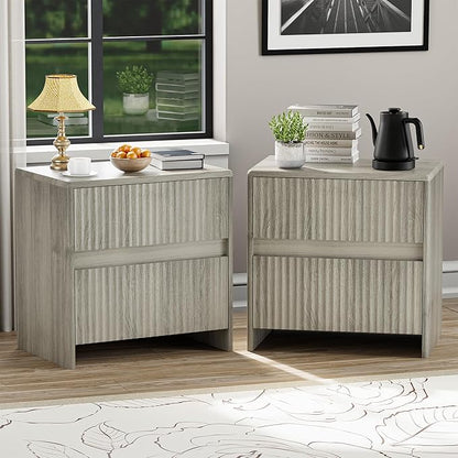 HOCAT Fleuted Nightstand Set of 2, 23" Wood Bedside Table with 2 Storage Drawers, Modern Night Stand for Bedroom, Office, Grey