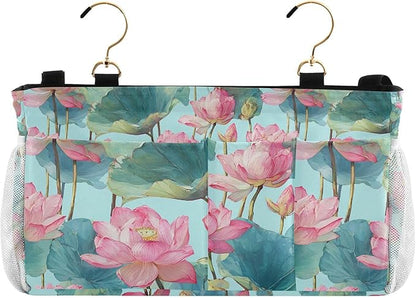 CuwrYet Bedside Caddy Hanging Bunk Bed Caddy Bed Organizer Hanging Pocket with 2 Hooks Bedside Storage Organizer Pocket Bag Holder Pastel Lotus Leaf Stem Floral