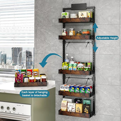 bukfen Over the Door Pantry Organizer, 6-Tier Adjustable Wooden Basket Kitchen Pantry Door Organization and Storage, Heavy-Duty Metal Hanging Kitchen Spice Rack,D6.3 x W17.71 x H50.60 inch,1 Pack