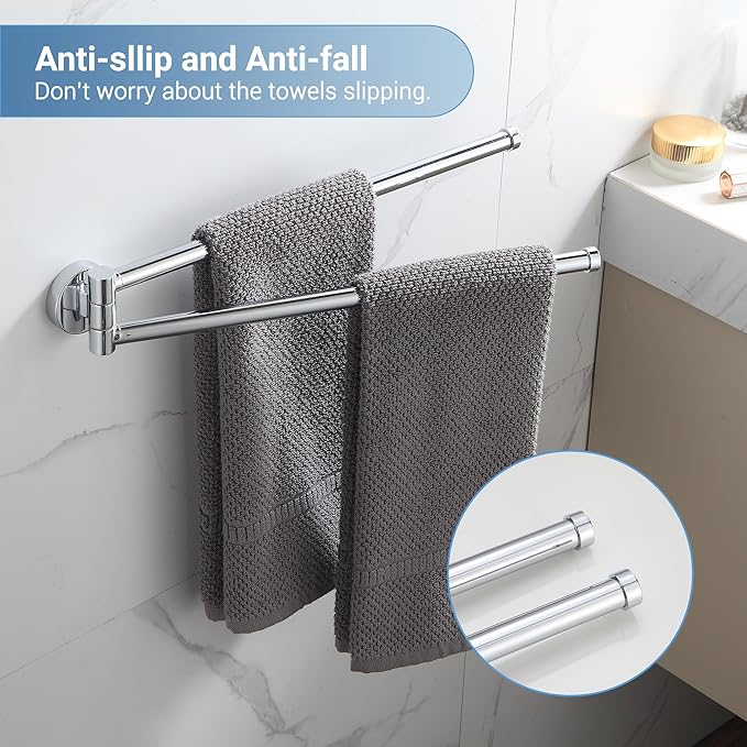 BGL Swivel Towel Bar for Bathroom Chrome,Swing Out Double Towel Bar 2-Arm Kitchen Wall Mounted Towel Hanger Holder for Bathroom Organizer