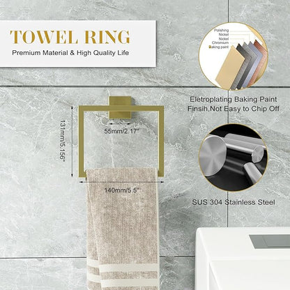Bathroom Accessory Towel Bar Set: 5 Pieces Gold Bathroom Hardware Square SUS304 Stainless Steel - 24 Inch Wall Mounted Towel Rack&Toilet Paper Holder&Towel Ring and Towel Hook