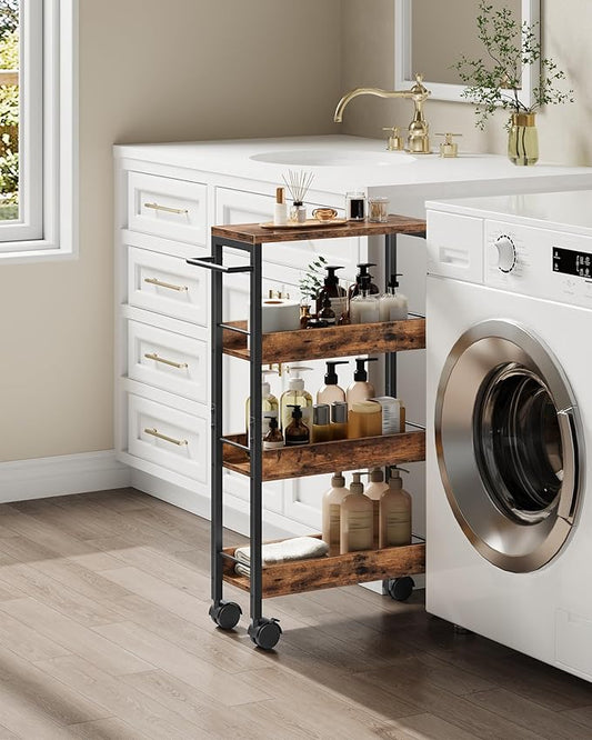 4-Tier Slim Storage Cart, 7.1'' Kitchen Serving Trolley, Slim Rolling Cart with Handle and Guard Rails, Slim Cabinet for Small Spaces, for Dining Room, Rustic Brown and Black TTC02BF