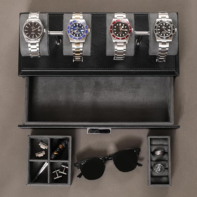ROTHWELL Luxury Watch Display Case for 4 Watches – Leather Watch Box with Acrylic Cover and Removable Slide in Cushions – Accessory Drawer with Multiple Configurations (Black/Grey)