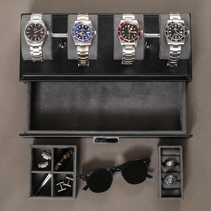 ROTHWELL Luxury Watch Display Case for 4 Watches – Leather Watch Box with Acrylic Cover and Removable Slide in Cushions – Accessory Drawer with Multiple Configurations (Black/Grey)