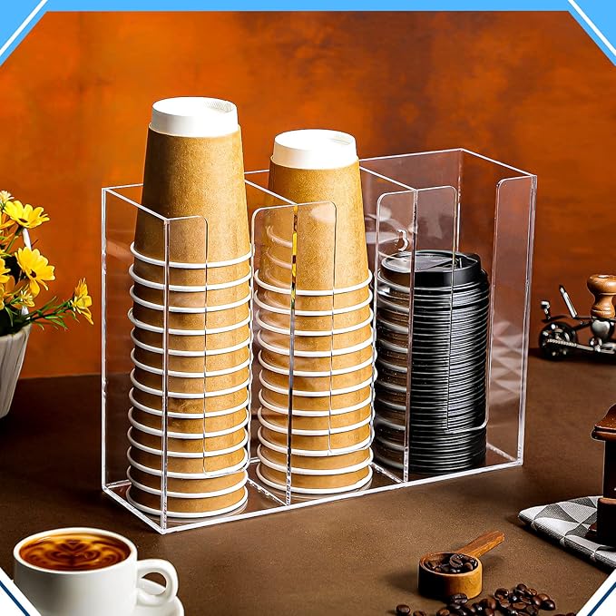 Cunhill 3 Compartments Acrylic Coffee Cup and Lid Dispenser Organizer Disposable Paper Cup Holder Coffee Shop Supplies Holder Storage for Station Home Countertop Bar Kitchen Party(Clear)