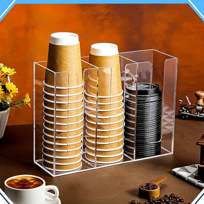 Cunhill 3 Compartments Acrylic Coffee Cup and Lid Dispenser Organizer Disposable Paper Cup Holder Coffee Shop Supplies Holder Storage for Station Home Countertop Bar Kitchen Party(Clear)