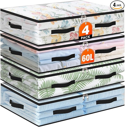 EdenDwell 4 Pack Under Bed Storage Bags, 60L Foldable Clear Storage Containers with Handles, Dual Zippers for Comforter, Clothes, Bedding, Linen Sheets, Sweaters, Blanket Storage
