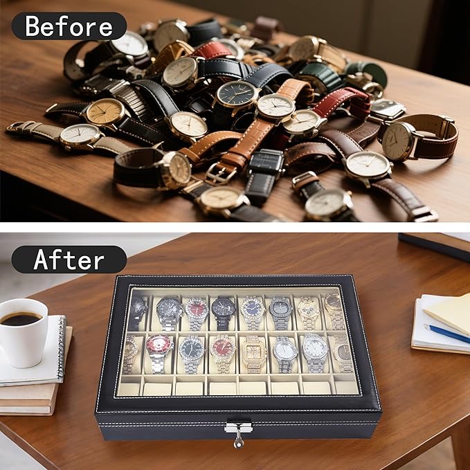Baojulong 24-Slot Black PU Leather Watch Box, Watch Organizer with Clear Lid, Fits Various Watch Styles