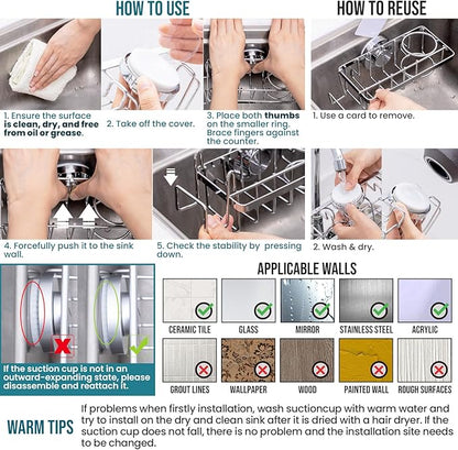 TAILI 4-in-1 Sponge Holder for Kitchen Sink with Strong Suction Cup Removable, Rustproof Aluminum Sink Caddy for Sponge, Brush, Scrubber, Scraper -Silver