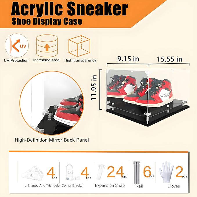 Acrylic Sneaker Display Case - Transparent Shoe Box. Sneaker Storage Boxes. Clear Stackable Boot & Shoe Case. Organizer Containers with Lids. Max Size 15. Self Assembly