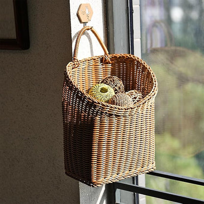 Wicker Storage Basket, Small Plastic Woven Wall Hanging Basket, for Vegetable Garlic Potato Onion Fruit Flower Storage, Hand Woven Basket for Shelves, 9.8'' x 7.9'' x 11.8''