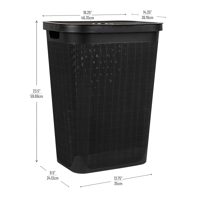 Mind Reader 60L Slim Laundry Hamper, Clothes Basket, Lid, Linen Design, Plastic, Black