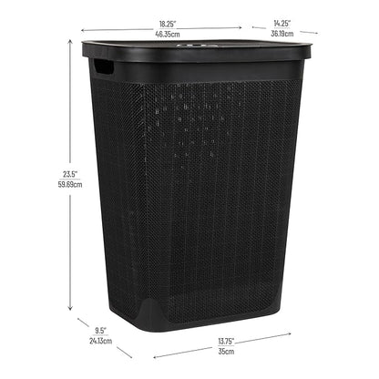 Mind Reader 60L Slim Laundry Hamper, Clothes Basket, Lid, Linen Design, Plastic, Black