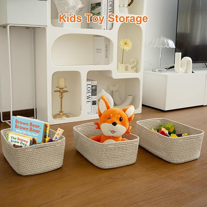 Small Storage Baskets for Organizing, Woven Storage Bins for Shelves, Gift Basket Empty, Cute Decorative Closet Organizer, Baby Rope Basket, Dog Toy Storage, 11x7.5x4.5”, 3Packs Mixed Brown
