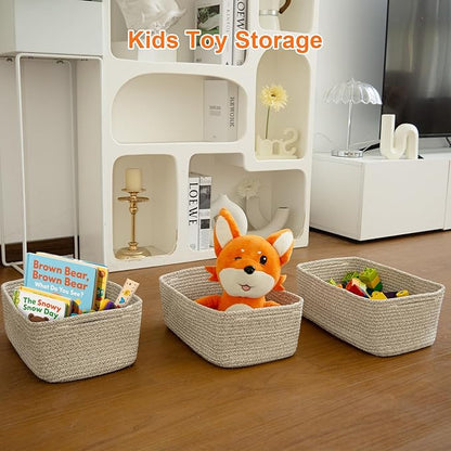 Small Storage Baskets for Organizing, Woven Storage Bins for Shelves, Gift Basket Empty, Cute Decorative Closet Organizer, Baby Rope Basket, Dog Toy Storage, 11x7.5x4.5”, 3Packs Mixed Brown