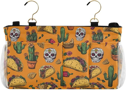 CuwrYet Bedside Caddy Hanging Bunk Bed Caddy Bed Organizer Hanging Pocket with 2 Hooks Bedside Storage Organizer Pocket Bag Holder Orange Mexico Tacos Chilis Skulls