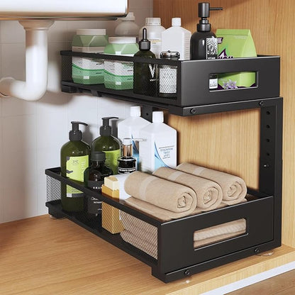 1 Pack 17IN Depth Under Sink Organizer, 2-Tier Pull Out Cabinet Organizer With Smooth Circular Rail, Large Capacity Metal Mesh Sliding Drawers For Bathroom& Kitchen Storage,Height Adjustable –Black