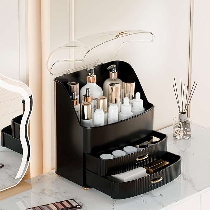Plukers Makeup Organizer Countertop Vanity with Transparent Lid Drawers Waterproof Dustproof Cosmetic Skincare Bathroom Storage Gift for Women Teens Girls (Black)