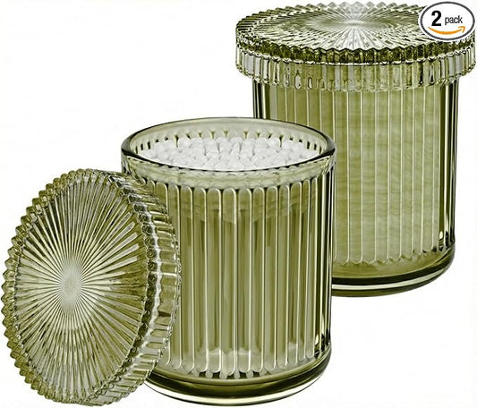 MKOSAB 2 Pack Qtip Holder - Apothecary Jars with Lids, Bathroom Organizers and Storage Canister for Cotton Balls,Swabs,Floss Picks,Hair Ties,Clear Glass Vintage Bathroom Decor Jar Set (green2)