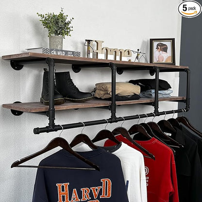 60In Industrial Pipe Clothing Rack with Top Shelf, Space-Saving Wall Mounted Clothes Rack 2 Tiers Pipe Shelves, Shelf with Hanging Rod for Laundry Room, Closet Storage