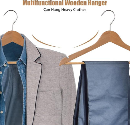 20-Pack Wooden Hangers, Schima superba Hanger, Natural Wood Suit Hangers with Non-Slip Trouser Bars, Hanger for Shirts, Jackets, Dresses, Wedding Dresses