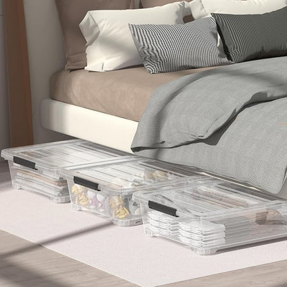 Waikhomes 4 Packs Under Bed Storage Containers with Clear Lid, Large Stackable Plastic Latching Bins with Rolling Wheels, 40 Quart