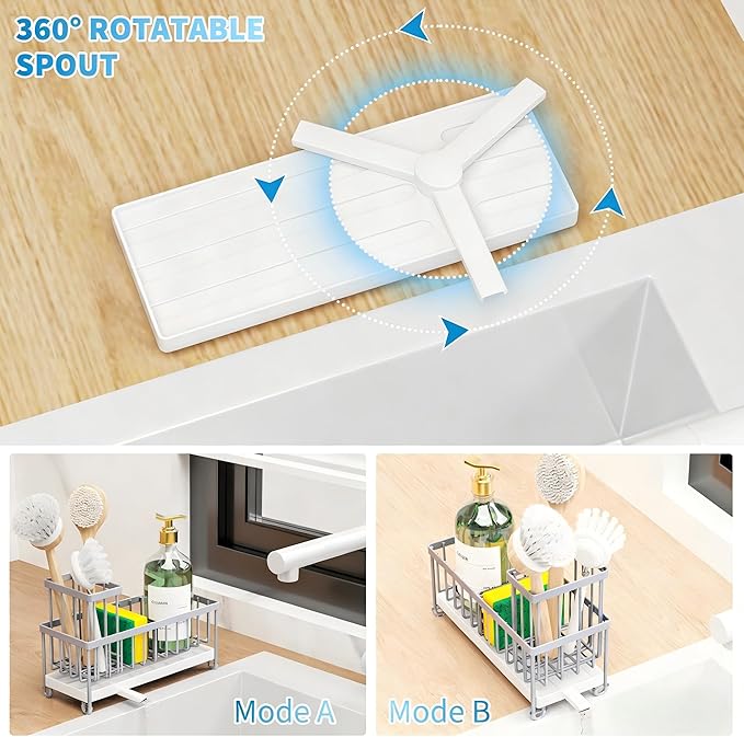 Cisily Light Gray Sponge Holder for Kitchen Sink, Sink Caddy Organizer with High Brush Holder, Kitchen Countertop Organizers and Storage Essentials, Rustproof 304 Stainless Steel, Soap Dispenser