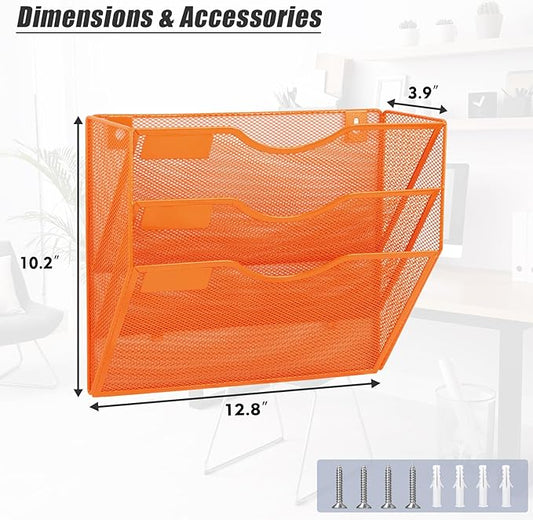EASEPRES 3 Pocket Mesh Hanging Wall File Organizer, Wall Mounted Mail Paper Document Folder Holder, Clipboard Storage Organization Magazine Rack with Nametag Label for Office Home School, Orange