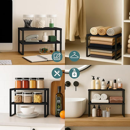 Sben Cabinet Organizer Shelf, Set of 2 Kitchen Counter Shelves, Kitchen Storage, Spice Rack, Stackable, Expandable, Metal and Engineered Wood, Ink Black and Charcoal Black