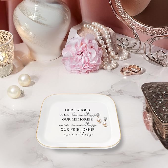 Friend Gifts Trinket Dish for Women, Unique Friendship Gifts, Our Friendship is Endless Ceramic Ring Dish Jewelry Tray for Birthday Christmas Gift for Mom, Sister, Best Friends (Modern-Our Laughs)