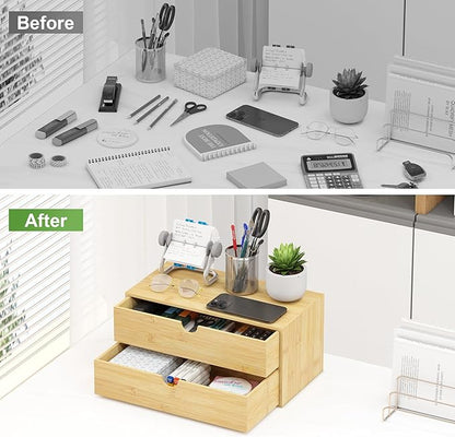Wisuce Desk Organizer with Drawers - Bamboo Desktop Organizer Storage | White-Natural Wood Desk Drawers Organizer for Bills, Office Supplies, Cosmetics, Seals No Assembly Required(2 drawers edge-free)