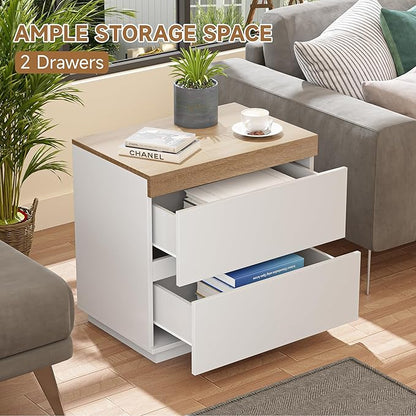 HOCAT Nightstand with Oak Top, 23.7" White Night Stand with 2 Drawers, Modern Bedside Table Wood End Table for Bedroom