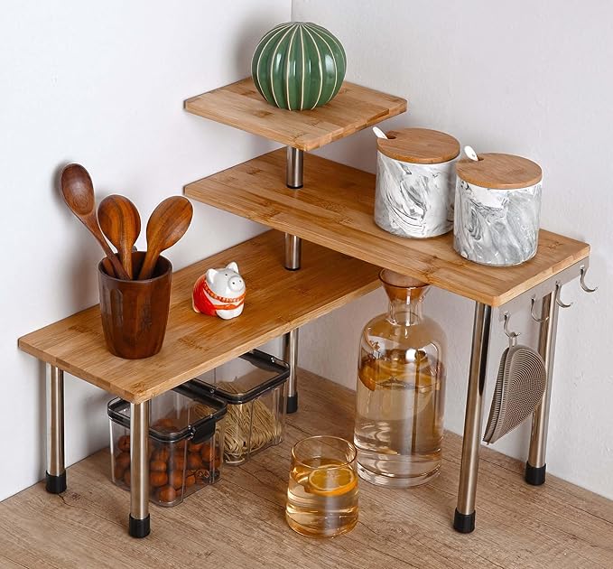HYNAWIN Bamboo Countertop Shelf Storage Spice Rack, 3 Tier Desktop Shelves Space Saving Organizer, Adjustable Rack