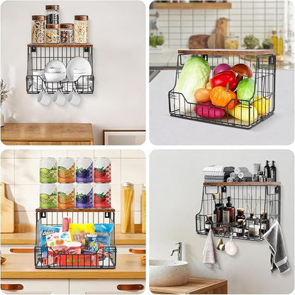 Livabber Fruit Basket for Kitchen, Metal Fruit Vegetable Storage Bin with 2 Banana Hangers, Countertop Wire Basket Organizer for Snack Potato Onion, Screw Mounted or Stand (Black, 1 Pack)