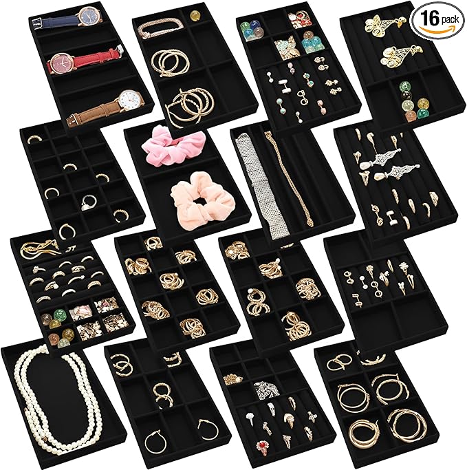 Landical 16 Pcs Stackable Jewelry Organizer for Drawer Velvet Jewelry Tray with Dividers Earring Holder & Ring Display Box Fits 8.4 x 5 x 1 Drawer Necklace Storage for Women, Girls,16 Styles (Black)