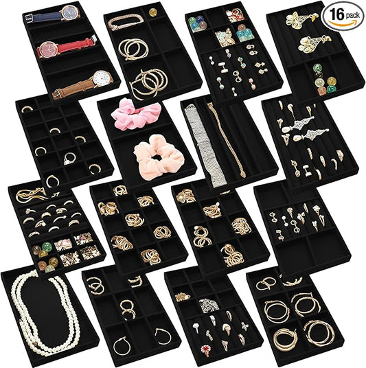 Landical 16 Pcs Stackable Jewelry Organizer for Drawer Velvet Jewelry Tray with Dividers Earring Holder & Ring Display Box Fits 8.4 x 5 x 1 Drawer Necklace Storage for Women, Girls,16 Styles (Black)