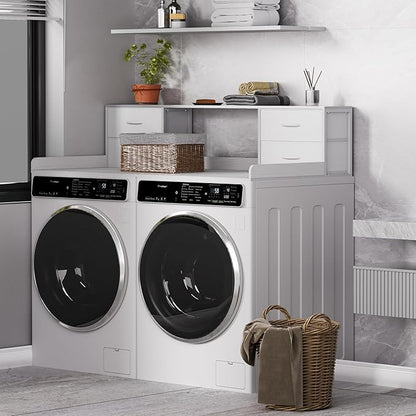 Washer and Dryer Countertop, 27.5“ D x 53.9“ W x 12.9“ H Solid Wood Washer and Dryer Countertop with Organizer Shelves with Four Drawers for Laundry Room Organization (White)