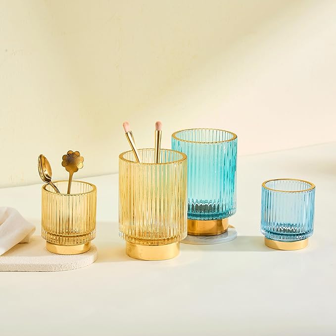 LEICURACE Makeup Brush Organizer, Toothbrush Holder, Desk Pen Pencil Holder, Multifunctional Vintage Glass Brush Cup (S/Gold/A3-12-US)