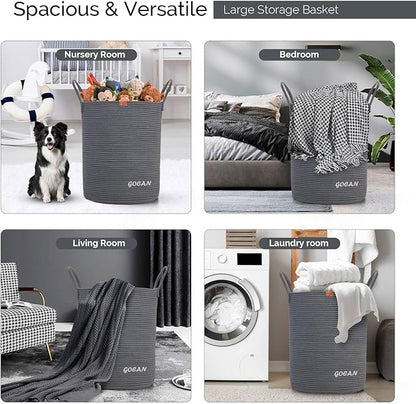 large tall sturdier Laundry Hamper Basket Woven Storage Baskets for clothes Pillows Blanket Toy in living or bed room decoration H50XD38cm darkgrey